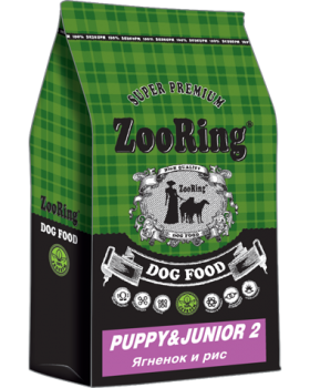 Корм ZooRing Puppy & Junior 2 GRAIN FREE для щенков и юниоров всех пород с 1 до 12-18 месяцев, склонных к аллергии (Ягненок и рис) без пшеницы